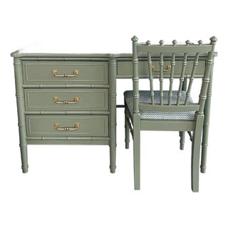 Late 20th Century Finished 4 Drawer 1 Chair Vintage Bamboo Style Desk For Sale