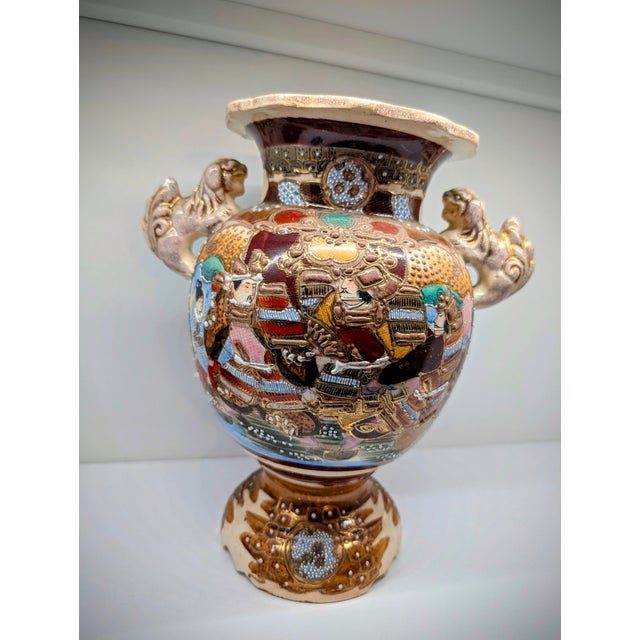 Antique Japanese Satsuma Moriage Vase With Samurai Scene & Figural Handles – 14” For Sale - Image 14 of 18
