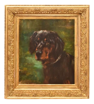 Edmond Van Der Meulen, Black Dogs Portrait, Setter Gordon, Oil on Canvas, 19th Century, Framed