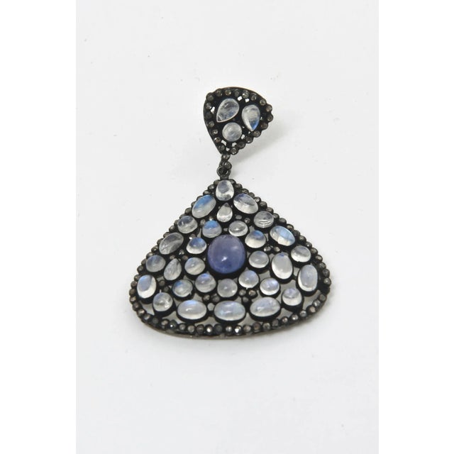 Moonstone, Tanzanite and Black Diamond Dangle Drop Pierced Earrings , Blue Purple For Sale - Image 4 of 10