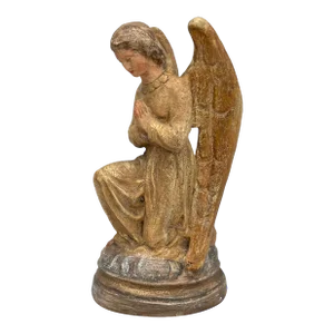 Spanish Religious Kneeling Angel With Wings Plaster Sculpture Figure