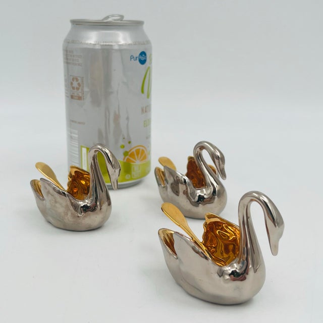 English Vintage Limoges Silver/Platinum and Gold Plated Porcelain Swan Salt Cellar With Gold Plated Spoon For Sale - Image 3 of 12