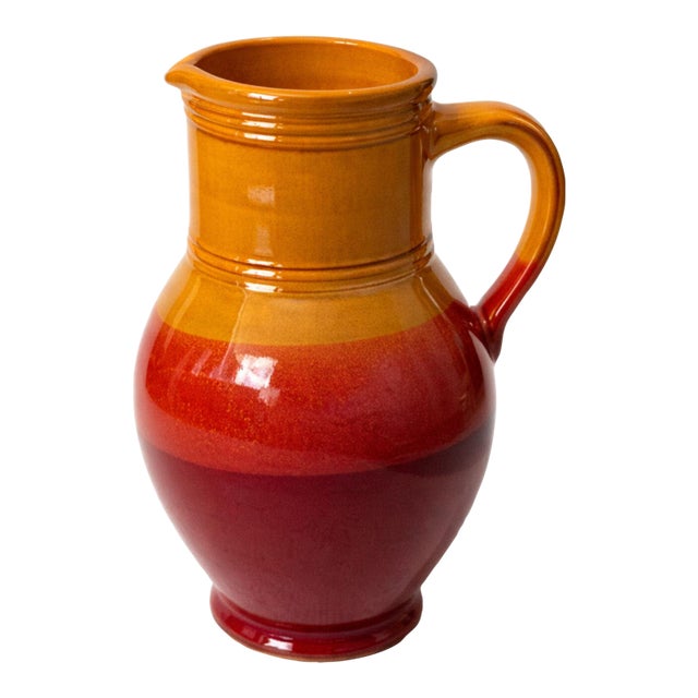 Vintage Red Orange Ceramic Pitcher Vase / Mid Century Pottery Jug / Two Tone Glazed Decorative Vessel For Sale
