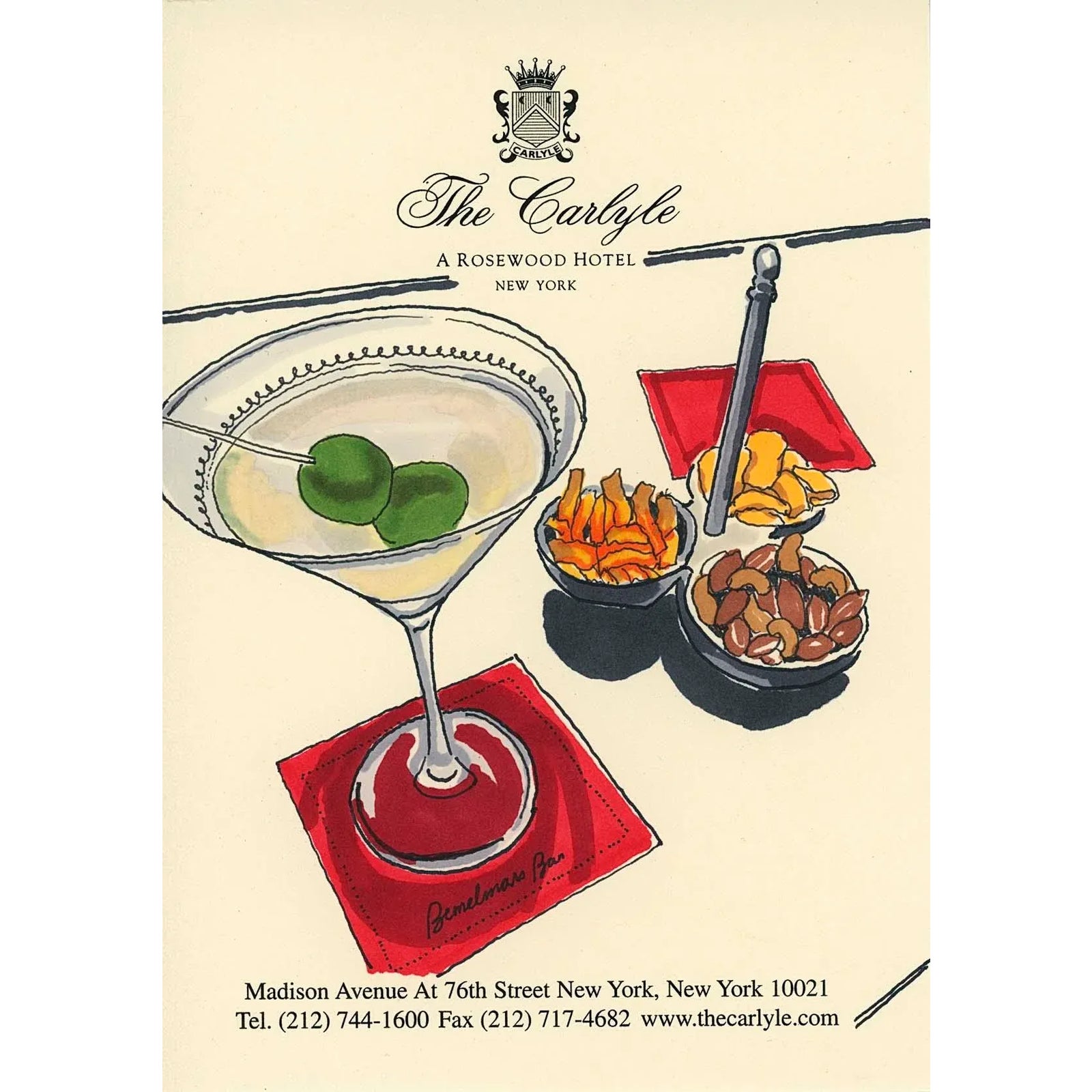 "Bar Snacks at Bemelmans" Contemporary Drawing on Hotel Stationery by Tess Ramirez