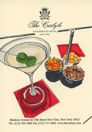 "Bar Snacks at Bemelmans" Contemporary Drawing on Hotel Stationery by Tess Ramirez