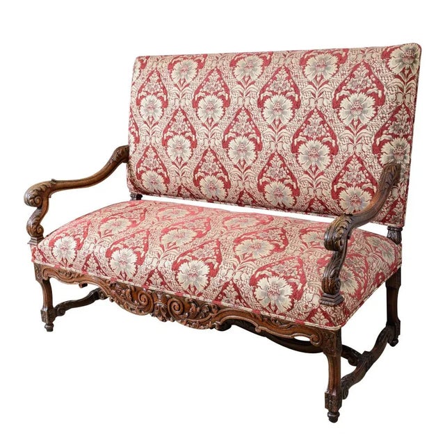 Burgundy Antique French Oak Upholstered Settee With Carved Details For Sale - Image 8 of 8