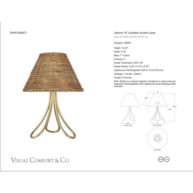 AERIN by Visual Comfort Signature Jeanne 13" Cordless Accent Lamp in Gild with Natural Wicker Shade Designer: AERIN...