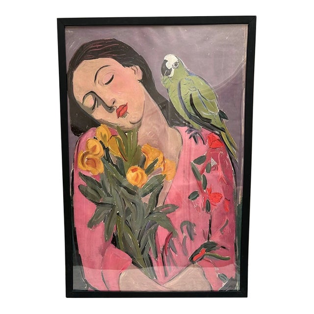 Vibrant Colorful Framed Print of a Woman With a Green Parrot For Sale