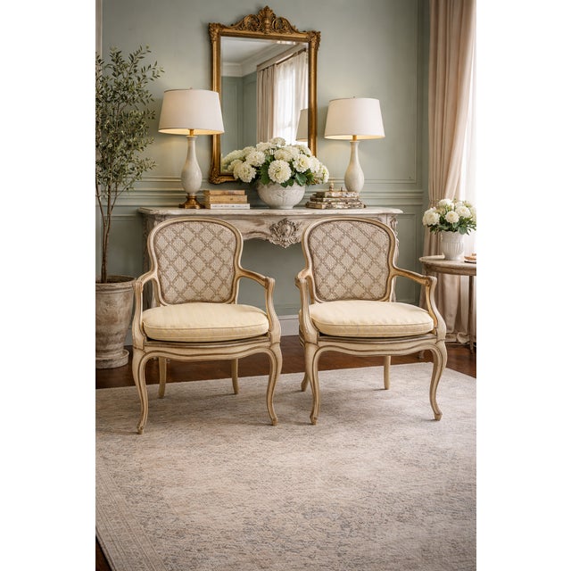 Mid 20th Century 1950s French Louis VI Style Gilt and Painted Bergere Chairs, Pair For Sale - Image 5 of 5