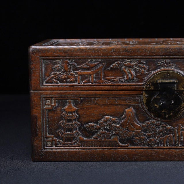 Huali Rosewood Box Carved With Landscape & Poetry For Sale In Los Angeles - Image 6 of 10