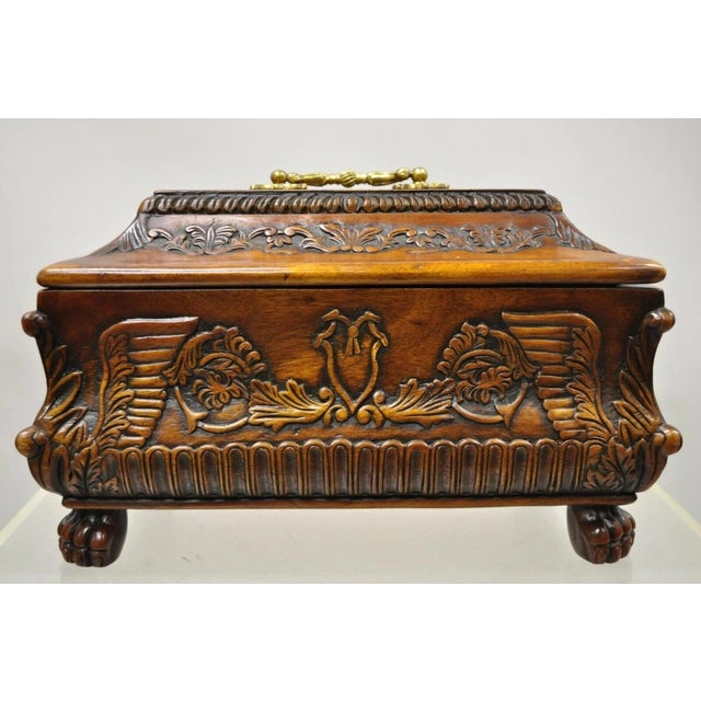 French Empire Rococo Style Carved Mahogany Paw Foot Jewelry Vanity Trinket Box. Circa Late 20th Century. Measurements:...
