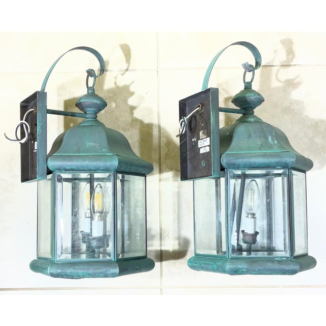 Pair of Solid Brass Outdoor Wall Lantern Sconces – Vintage Aged Verdigris For Sale - Image 9 of 15