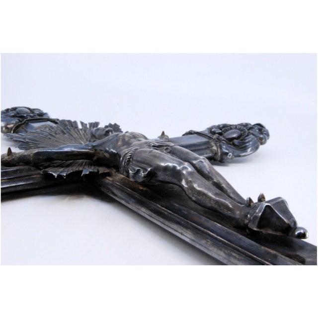 Silver Crucifix with Wooden Interior with Reliefs For Sale - Image 5 of 9