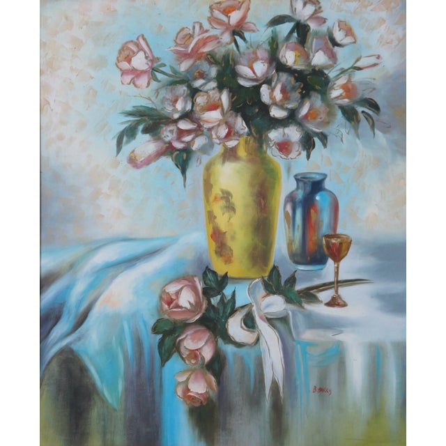 Mid 20th Century Vintage B. Barry Floral Vase of Roses Still Life Oil Painting on Canvas For Sale - Image 4 of 13