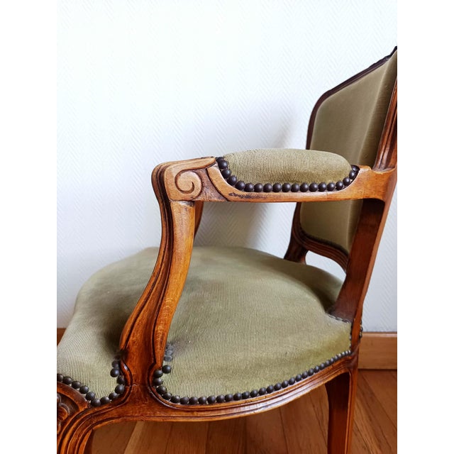 Brown Louis XV Green Cabriolet Armchair, 1890s For Sale - Image 8 of 17
