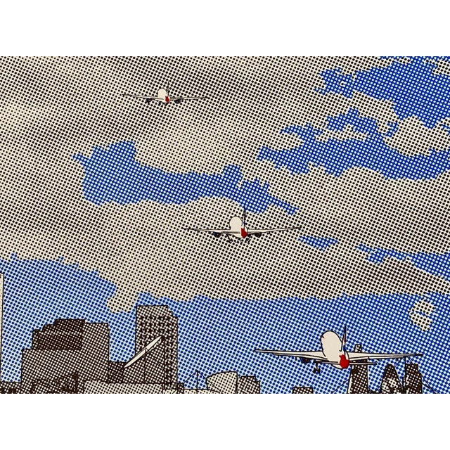 A limited edition screenprint by British artist Gerry Buxton depicting London City Airport, with aircraft positioned along...