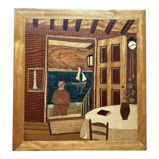 Vintage Inlaid Hand Made Wood Plaque of Interior and Sailboat For Sale