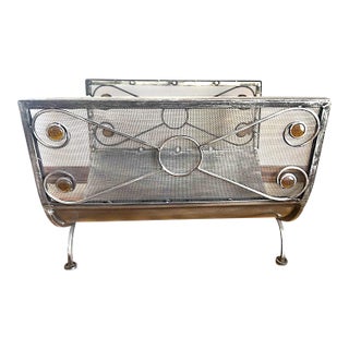 Art Deco Style Silver Toned Metal Mesh Firewood Holder Scrolling Metal Amber Glass Medallions For Sale