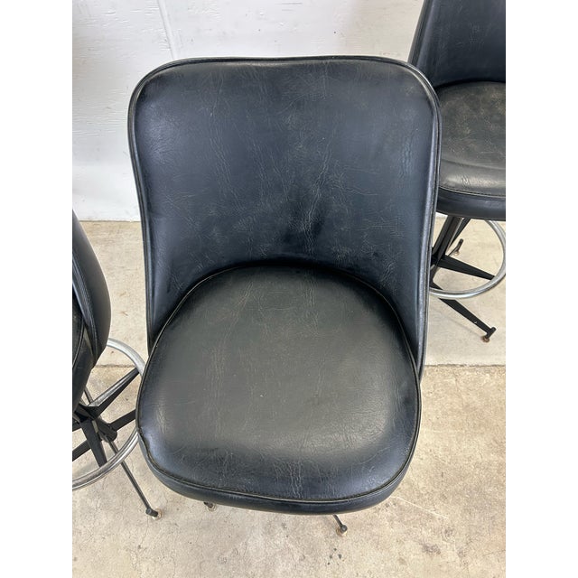 Mid-Century Modern Set of 4 Mid Century Modern Black Vinyl Bar Stools For Sale - Image 3 of 12