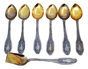 Silver Coffee Spoons and Sugar Scoop with Gold Shells and Raised Handles, Set of 6