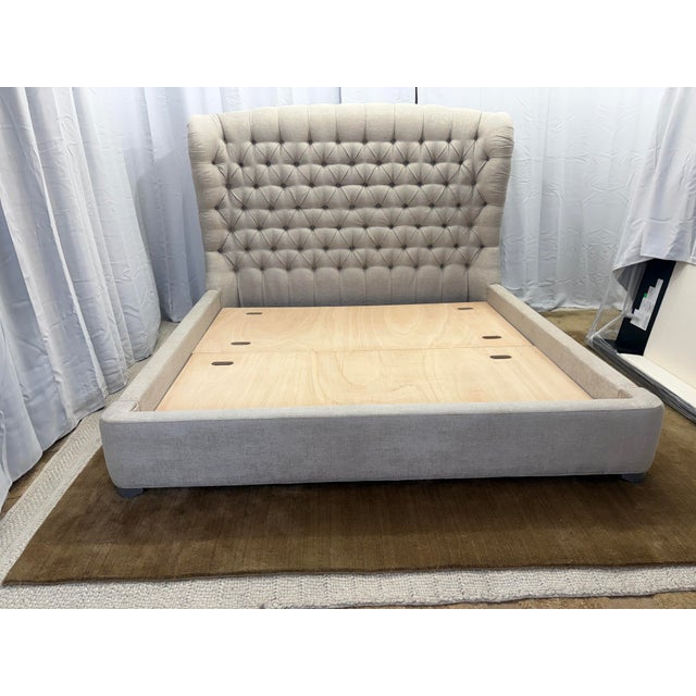Attributed to Arhaus Tufted Wingback Upholstered Bed — King Custom Greige Upholstery | Deep Button Tufting | Fully Upholstered Frame For Sale - Image 12 of 17