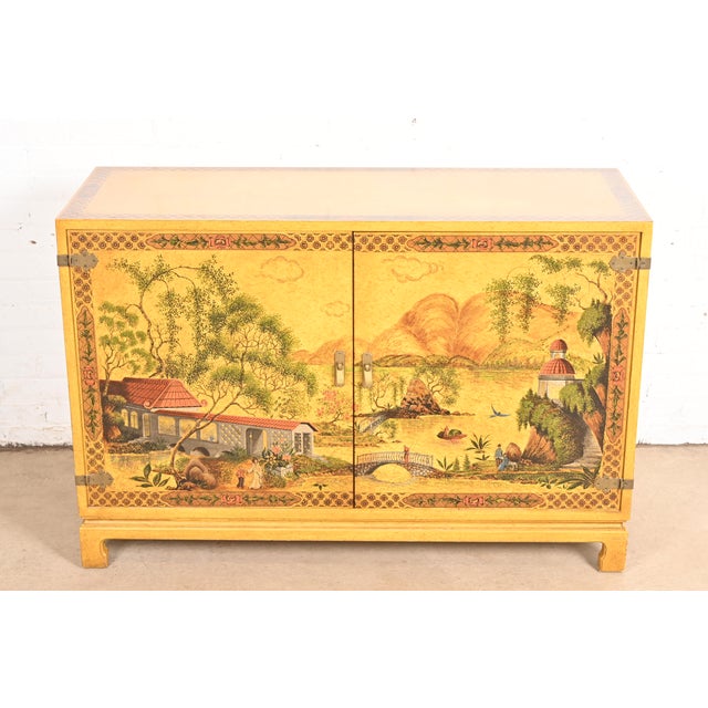 A gorgeous mid-century modern Hollywood Regency Chinoiserie bar cabinet By John Widdicomb USA, Circa 1970s Yellow...