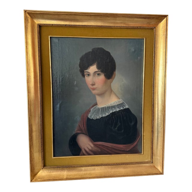 19th Century Granduer Antique Portrait Oil Paint on Canvas Classic Lady For Sale