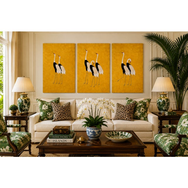 Gold Japanese Cranes Triptych, Gold Crane Wall Art Set of 3, 16" X 24" For Sale - Image 8 of 11