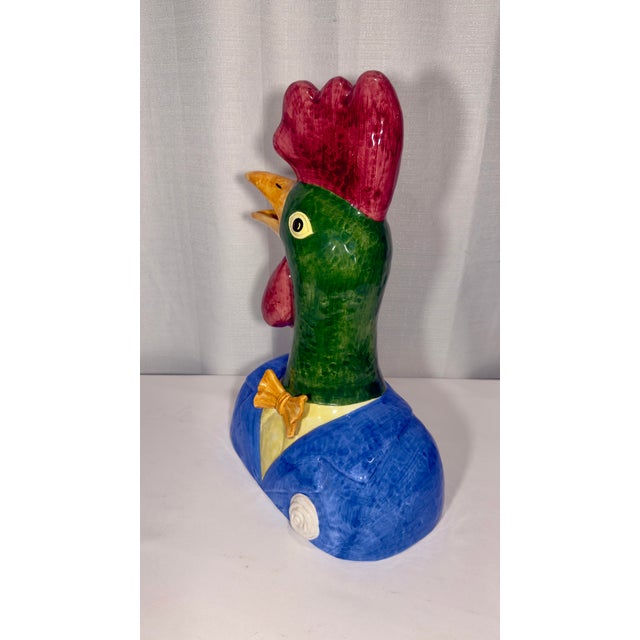Late 20th Century Hand-Painted Italian Majolica Anthropomorphic Rooster and Hen Busts by Turtle and Crane - Palm Beach Regency Whimsy For Sale - Image 9 of 12