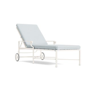 Brown Jordan Venetian Adjustable Chaise With Wheels in Chalk with Artic Stripe Cushions For Sale
