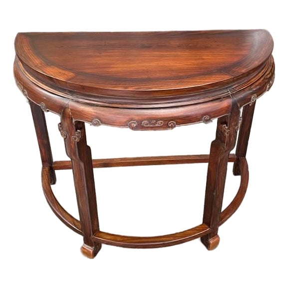 Vintage Solid Rosewood Semicircle Console Table, Half Round, Carved Edges For Sale