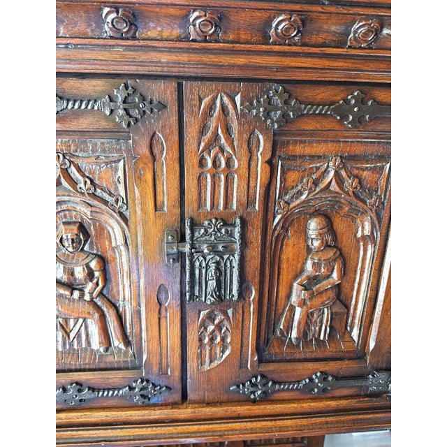 Antique Flemish-Style Gothic Revival Carved Oak Pass-Through Credence Cabinet, C. 1900. For Sale - Image 14 of 16