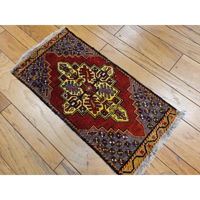 Vintage Turkish Tribal Prayer Rug, Handwoven Wool Pile, Red Medallion, 2' x 3' For Sale - Image 11 of 12