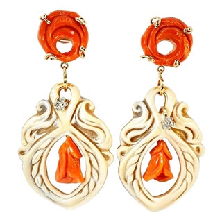 Late 19th Century 18K Gold Carved Cameo Red Coral Undyed Drop Earrings, Pair For Sale