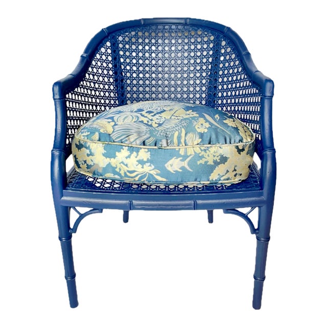 Vintage Navy Blue Caned Back Chair For Sale