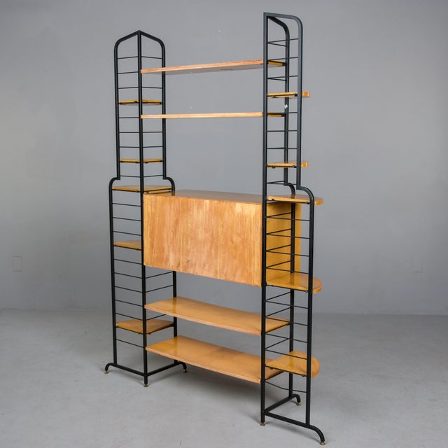 Mid Century Italian Free Standing Blond Wood and Black Metal Shelf Cabinet For Sale - Image 10 of 12