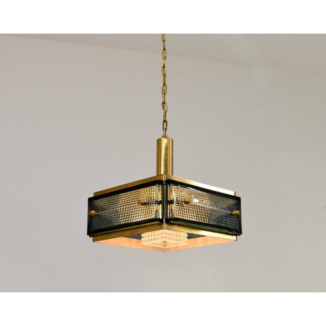 1960s Mid Century Malmö Metallvarufabrik Pendant Light Brass and Green Glass For Sale - Image 5 of 12