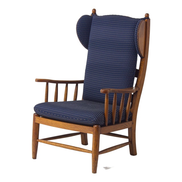 French Lounge Chair in Oak and Blue Fabric, 1960s For Sale