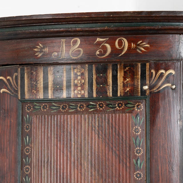 Folk Art Original Brown Painted Swedish Pine Corner Cabinet Cupboard Dated 1839 For Sale - Image 3 of 12
