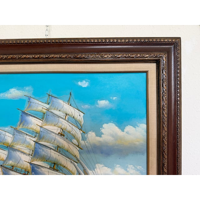 Original Signed Oil Painting Sailing Ship at Sea Maritime Seascape Framed For Sale - Image 9 of 12