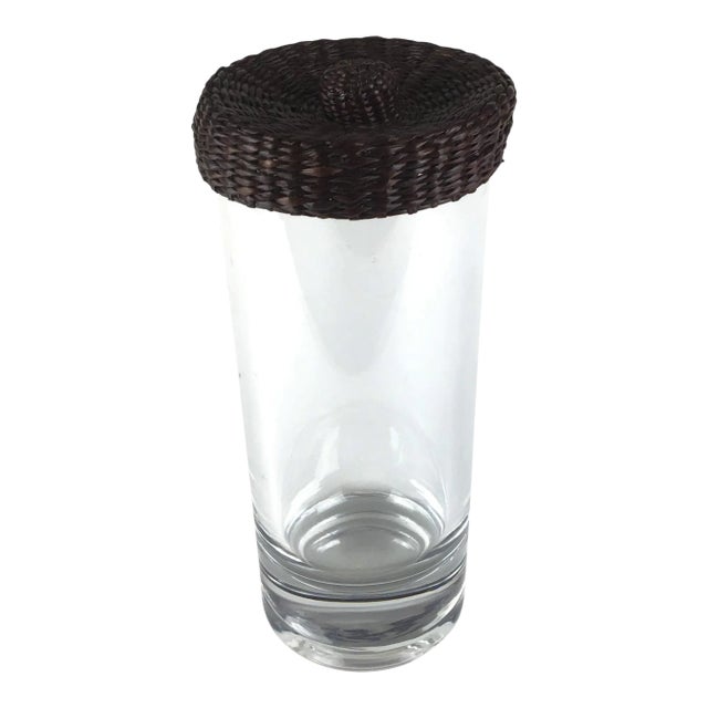 Vintage Mid Century Heavy Thick Glass Wicker Covered Bottle For Sale