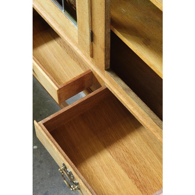 Vintage Oak Brutalist Display Cabinet with Leaded Glass in the style of Kjærnulf, Denmark, 1960s For Sale - Image 13 of 18