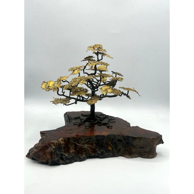 Mid-Century Brutalist Gilt Bronze Bonsai Tree Sculpture on Burl Wood Basee For Sale - Image 11 of 18