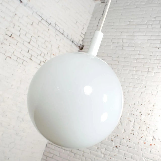Metal 1960s Mid Century Modern Large Globe Pendant Light Blown Milk Glass by Lite Trend of La Palma Ca For Sale - Image 7 of 12