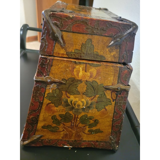 Late 19th Century Antique Tibetan Hand-Painted Wooden Longevity Box With Original Iron Hardware For Sale - Image 5 of 7