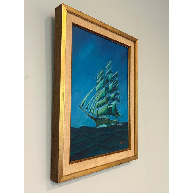 Vintage 1974 Nautical Folk Art Oil Painting on Canvas Board, Signed Beal | Tall Ship Maritime Seascape A captivating...