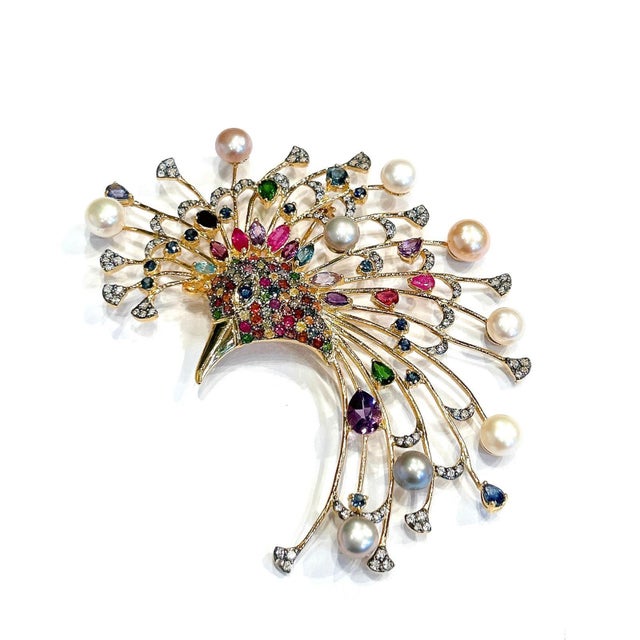 2020s Bochic “Orient” Multi Sapphire, Pearl & Ruby Brooch Set In 18K Gold & Silver For Sale - Image 5 of 12