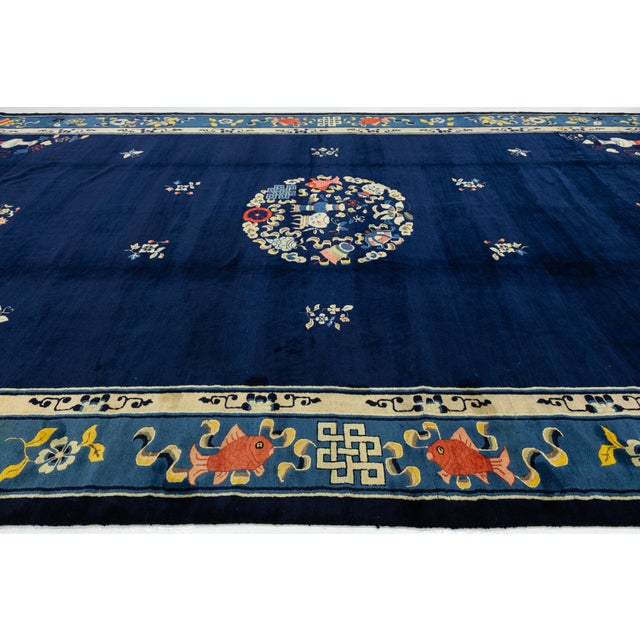 Blue Antique Chinese Art Deco Rug in Deep Blue With Medallion & Botanical Motifs For Sale - Image 8 of 13