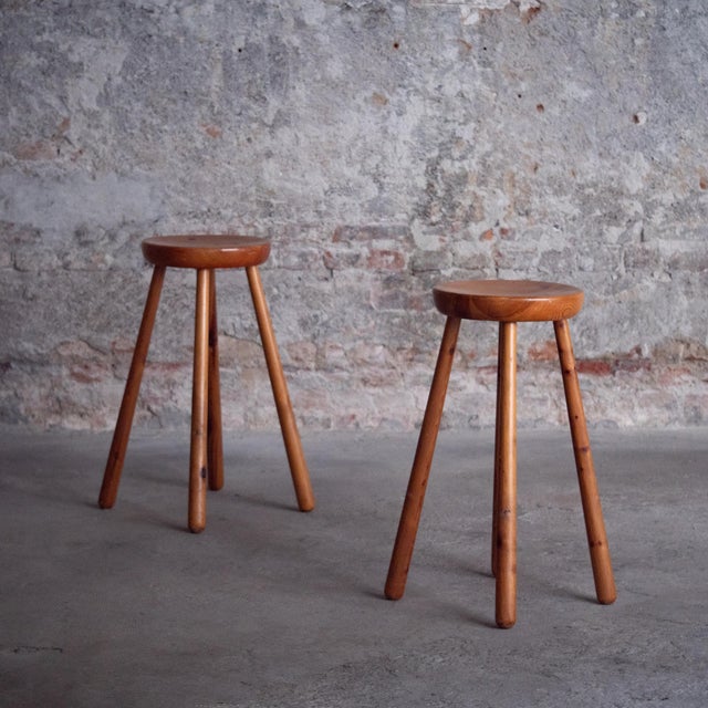 Pair of beech bar stools. Made in the 1960s in the Perriand style. In good overall condition, with normal signs of use and...