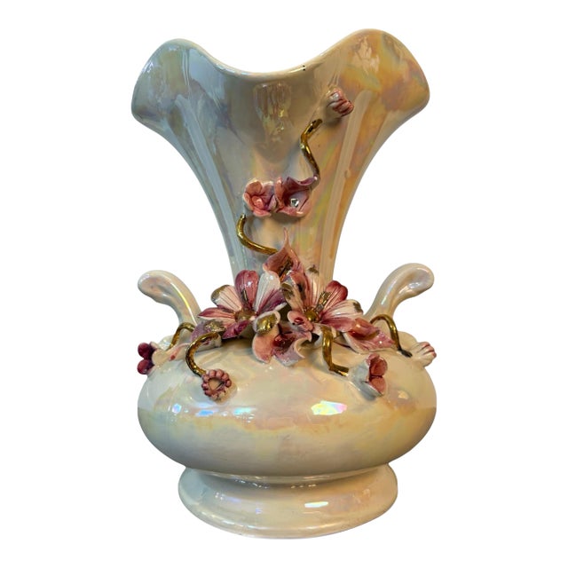 Vintage Capodimonte Iridescent Floral Fan Vase, Made in Italy, Applied Flowers & Gold For Sale